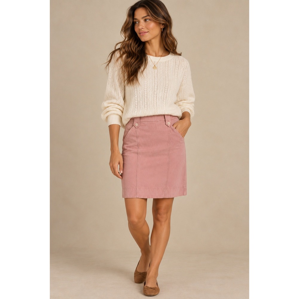 Ann Taylor Weekend Pink Cotton Blend Pencil Skirt Size 10 Button Tab Knee Length